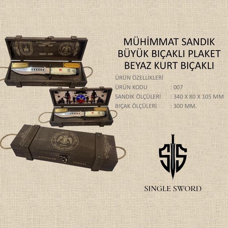 Single Sword Mühimmat sandığı Büyük Beyaz Saplı Kurt Logolu Bıçalı Plaket