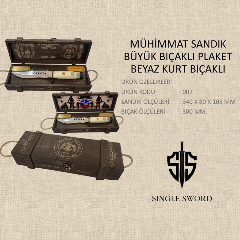 Single Sword Mühimmat sandığı Büyük Beyaz Saplı Kurt Logolu Bıçalı Plaket