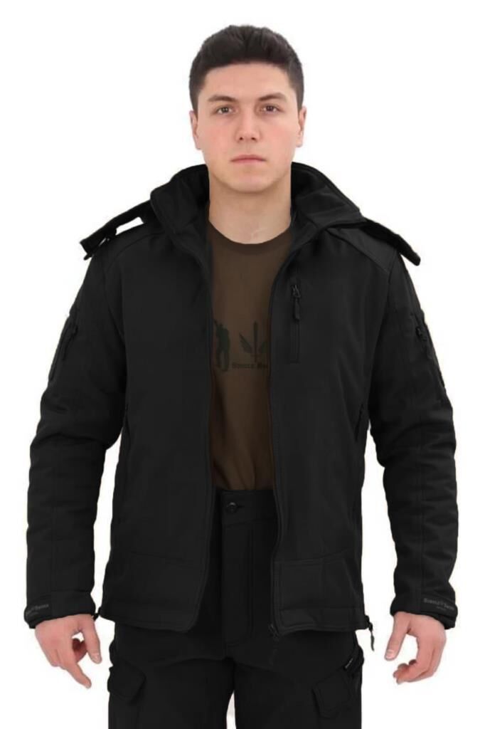 Single Sword Su&Rüzgar Geçirmez Outdoor Softshell Kışlık Erkek Mont (Kapüşonlu) SİYAH - 3XL