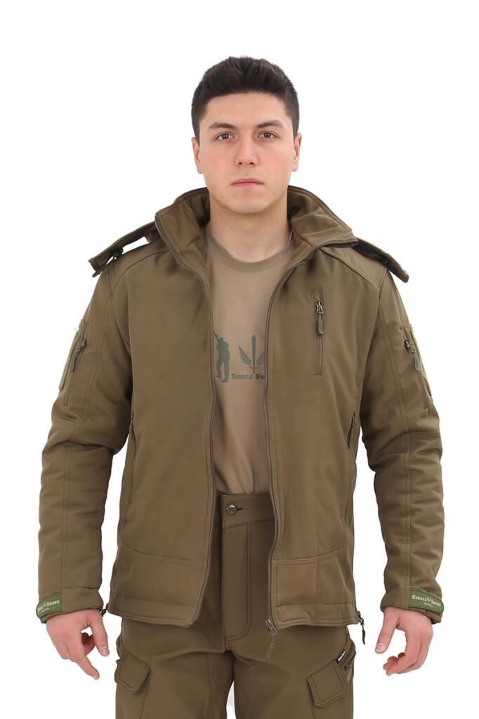 Single Sword Su&Rüzgar Geçirmez Outdoor Softshell Kışlık Erkek Mont (Kapüşonlu) HAKİ - M