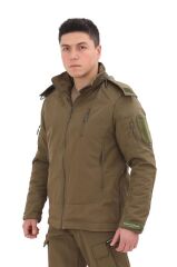 Single Sword Su&Rüzgar Geçirmez Outdoor Softshell Kışlık Erkek Mont (Kapüşonlu) HAKİ - M