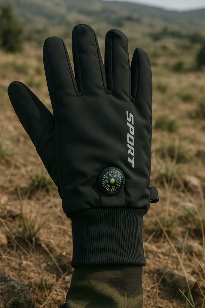 Single Sword Uzun Parmaklı Dokunmatik Parmak Özellikli   Pusula ve Termometreli Eldiven SİYAH - L