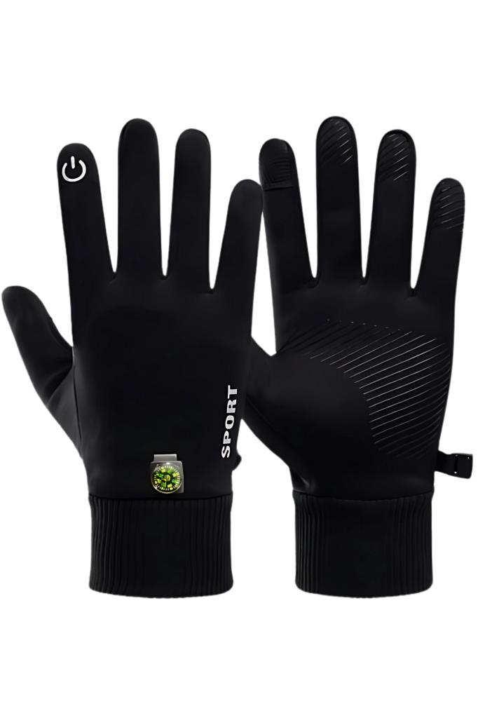 Single Sword Uzun Parmaklı Dokunmatik Parmak Özellikli   Pusula ve Termometreli Eldiven SİYAH - L