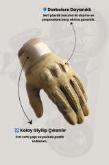 Single Sword Tam Parmak Dokunmatik Özellikli Destekli Taktik ve Motosiklet, Bisiklet Eldiveni BEJ - XL