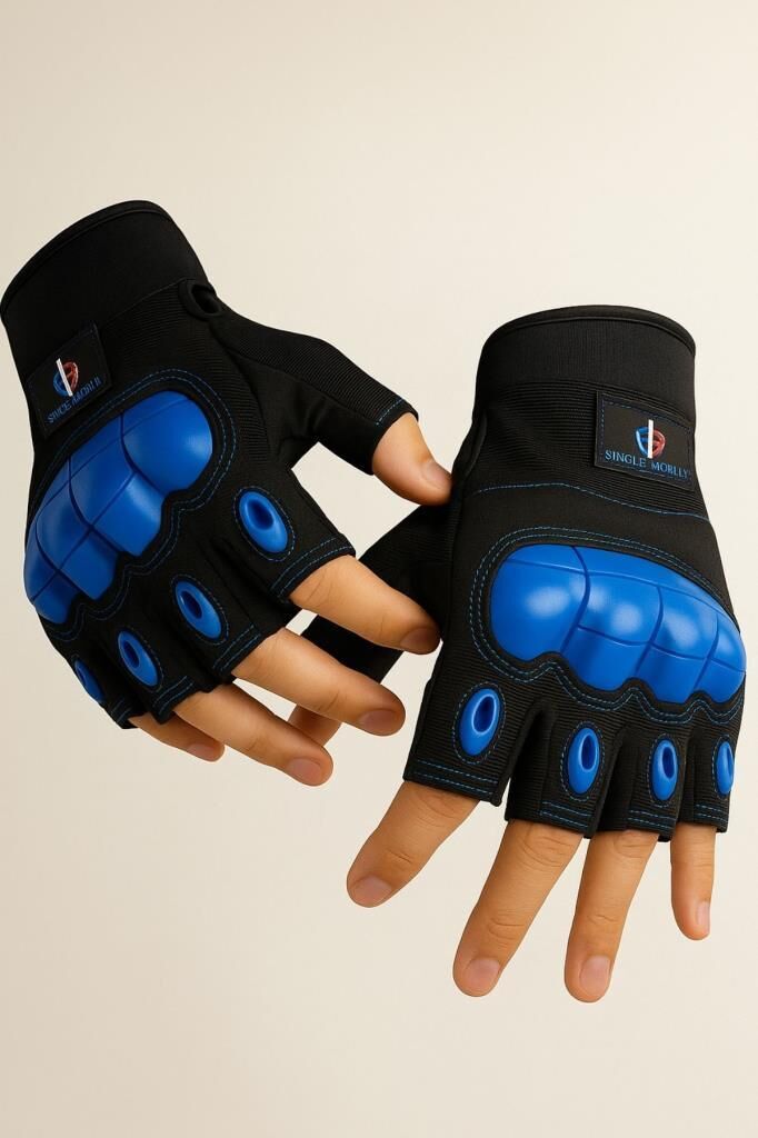 SS Yarım Parmak Destekli Motorcu Eldiveni-Bisiklet Eldiven- MAVİ - L