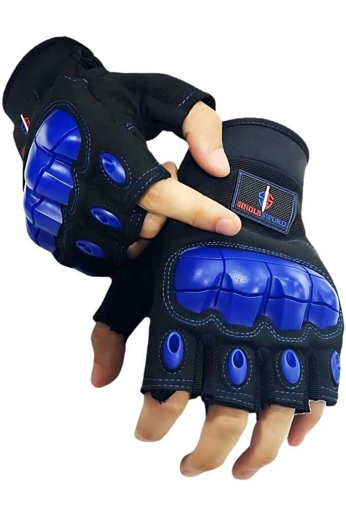 SS Yarım Parmak Destekli Motorcu Eldiveni-Bisiklet Eldiven- MAVİ - XL