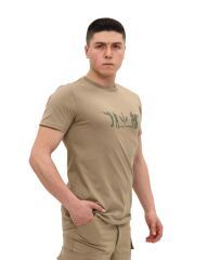Single Sword Bisiklet Yaka Kısa Kollu Baskılı Kadın&Erkek T-Shirt BEJ - M