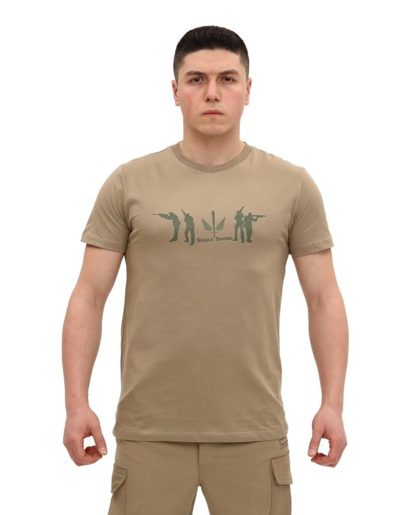Single Sword Bisiklet Yaka Kısa Kollu Baskılı Kadın&Erkek T-Shirt BEJ - 2XL