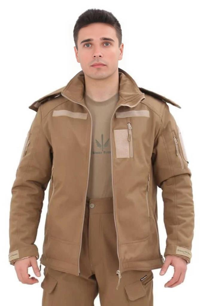 Single Sword Su&Rüzgâr Geçirmez Kapüşonlu Softshell Kışlık Erkek Mont BEJ - L
