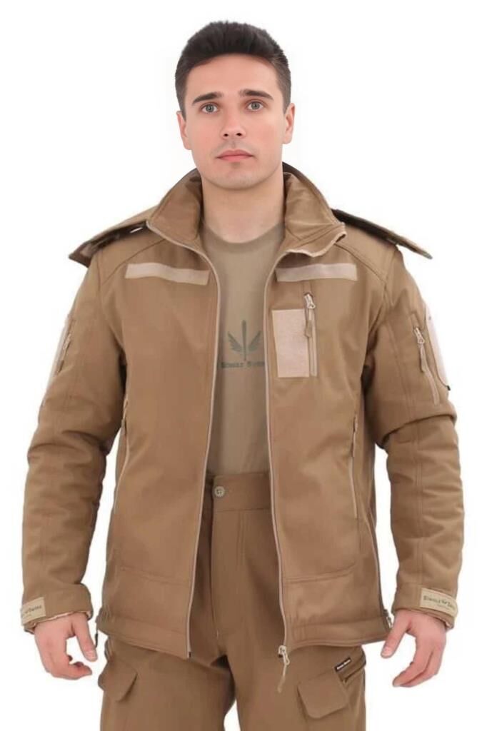 Single Sword Su&Rüzgâr Geçirmez Kapüşonlu Softshell Kışlık Erkek Mont BEJ - 3XL