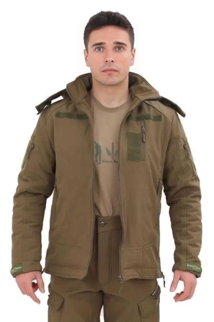 Single Sword Su&Rüzgâr Geçirmez Kapüşonlu Softshell Kışlık Erkek Mont HAKİ - S