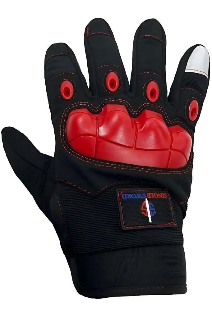 Single Sword Tam Parmak Dokunmatik Özellikli iç ve Dış Koruma Destekli Taktik Motorcu Eldiveni KIRMIZI - XL