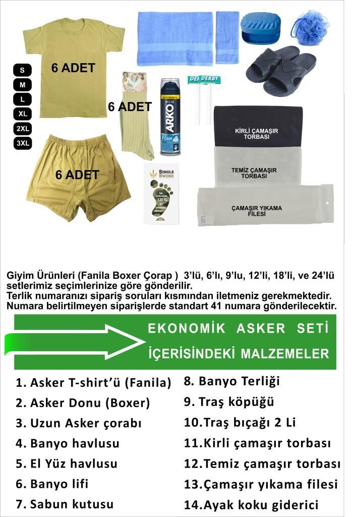 Acemi Bedelli Ekonomik Asker Seti-Asker Malzemeleri 30 parça  6 lı Set