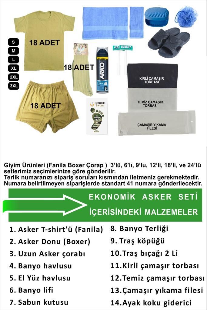 Acemi Bedelli Ekonomik Asker Seti-Asker Malzemeleri 66 parça 18 li Set